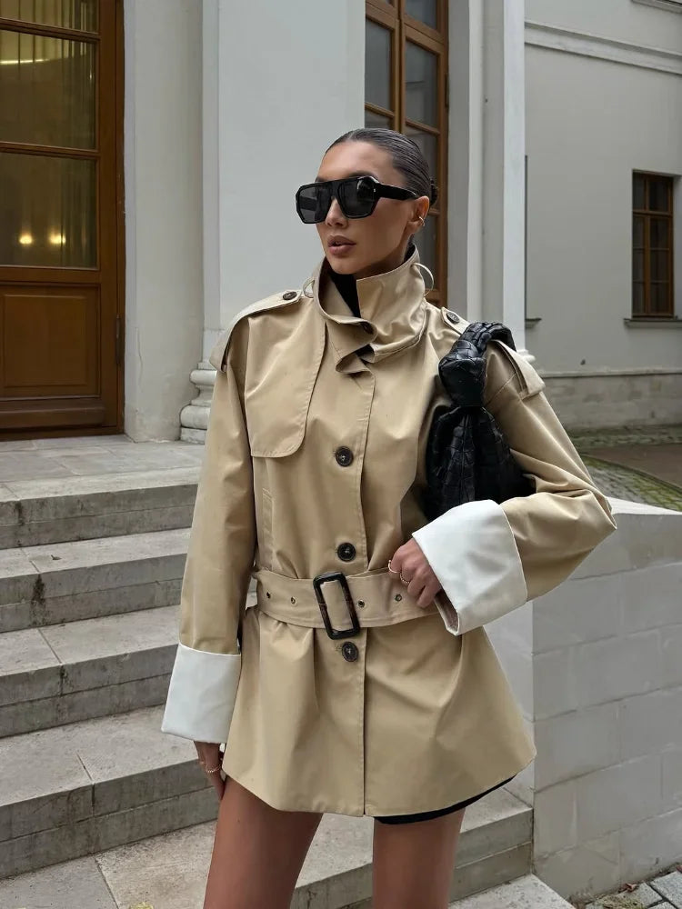 Women Casual Stand Collar Belted Trench Coat Chic Contrast Cuff Single Breasted Loose Windbreaker 2026 Lady Commute Street Coats