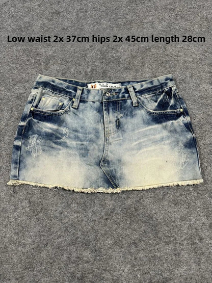 Sexy American Vintage Low Waist Denim  Skirt for Students Z4 Antiquing Y2K Trendy ort Skirt with Handmade Ripped And Fo...