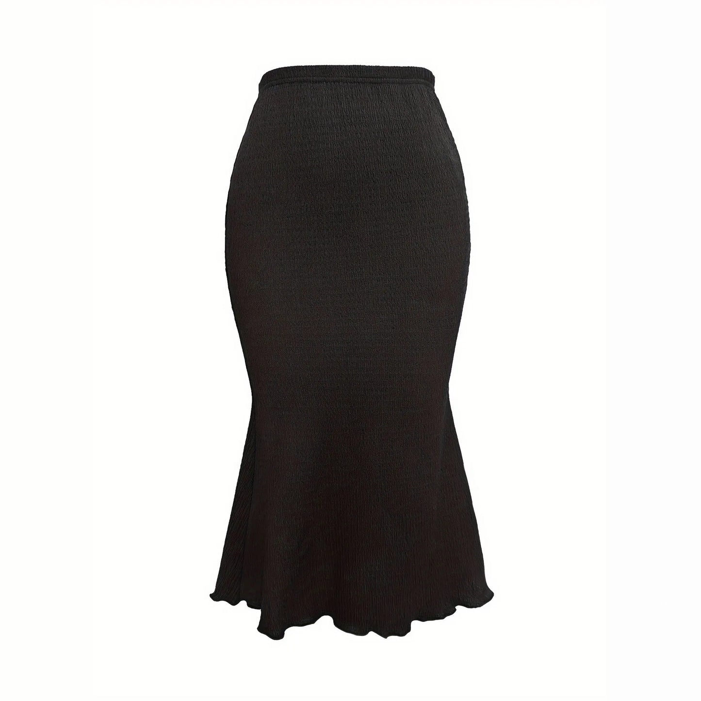 Women Black Smocked Midi Skirt High Waist Scalloped Hem Casual Pleated Skirt Summer Vacation Beach Holiday Outfit
