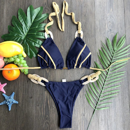 Weave triangle swimsuit lady biquinis Brazilian women bikini ring sexy bathing suit 2025 two pieces suits Halter micro swimwear