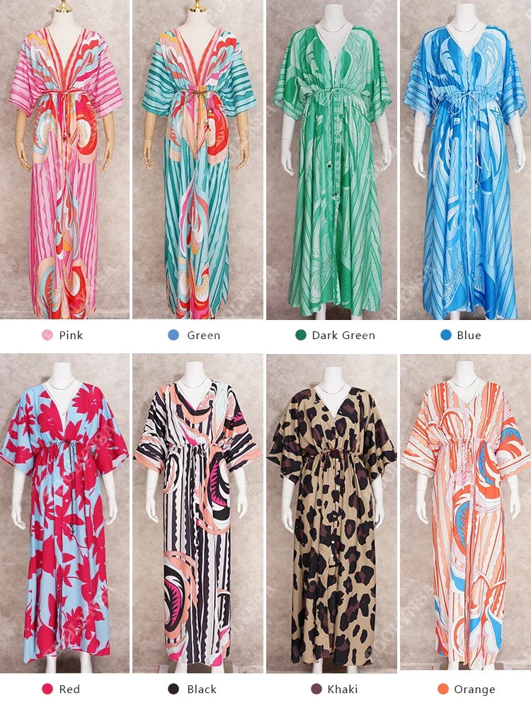 Bikini Cover-ups Boho Print Long Dress Self Belted Sexy Beach Tunic 2023 Summer Women Beach Wear Swim Suit Cover Up A932