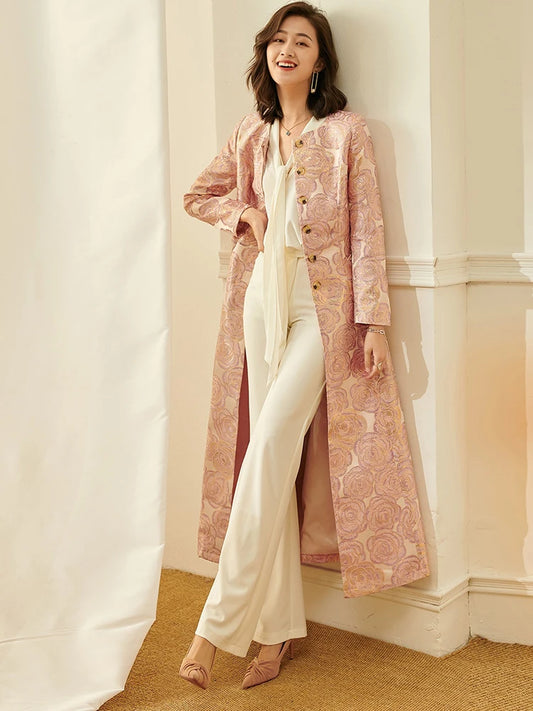 Luxury Women Long Trench Jacquard Coat Button Front Overcoat Fall Winter Floral Elegant Jackets Outerwear Party Outfit Clothes