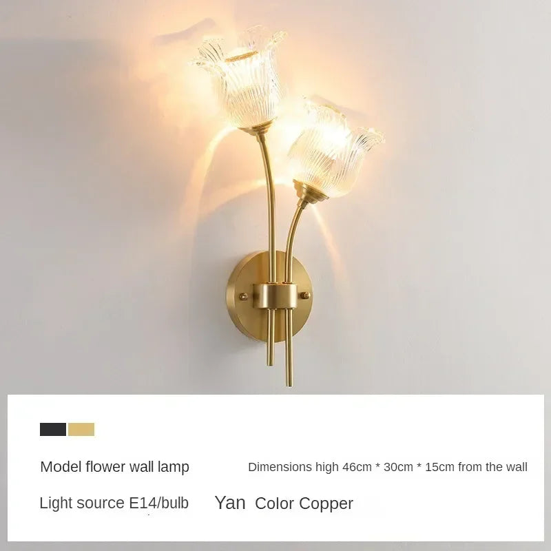 Bedroom headboard  lamp all copper American retro designer flower cream wind wall light room decor