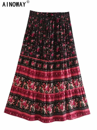 Multi Floral Print Ethnic Vintage Chic Women Beach Bohemian Skirt Ladies High Elastic Waist Rayon Cotton Boho Maxi Skirts