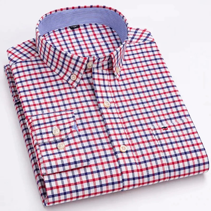 Men's Long Sleeve Oxford Dress Shirt 100% Cotton Plaid Checkered Chest Pocket Button Down Collar Casual Shirts