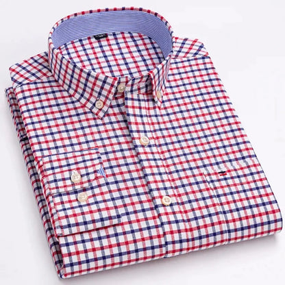 Men's Long Sleeve Oxford Dress Shirt 100% Cotton Plaid Checkered Chest Pocket Button Down Collar Casual Shirts