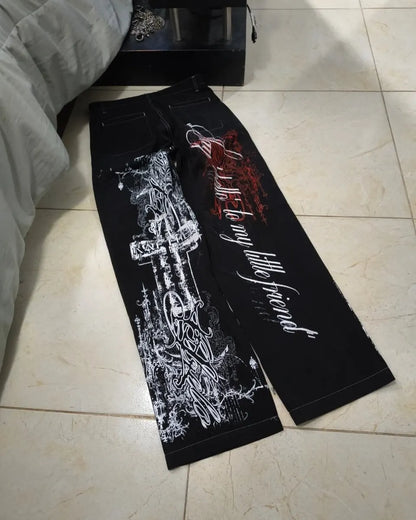New Cyberpunk Jeans Mens American Y2K Red Graphic Street Goth Baggy Wide-Leg Pants Harajuku Hip-Hop Straight Pants