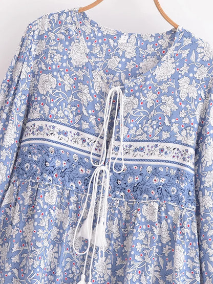 Vintage Chic Women Floral Porcelain Print Long Sleeve Beach Bohemian Mini Dresses Ladies Rayon Cotton Tie Neck Boho Dress