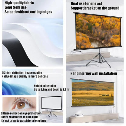 Projector with Stand, White Screen, 100 Inches, 16:9 Aspect Ratio, Foldable and Wrinkle-Resistant, Washable, Portable for Indoor