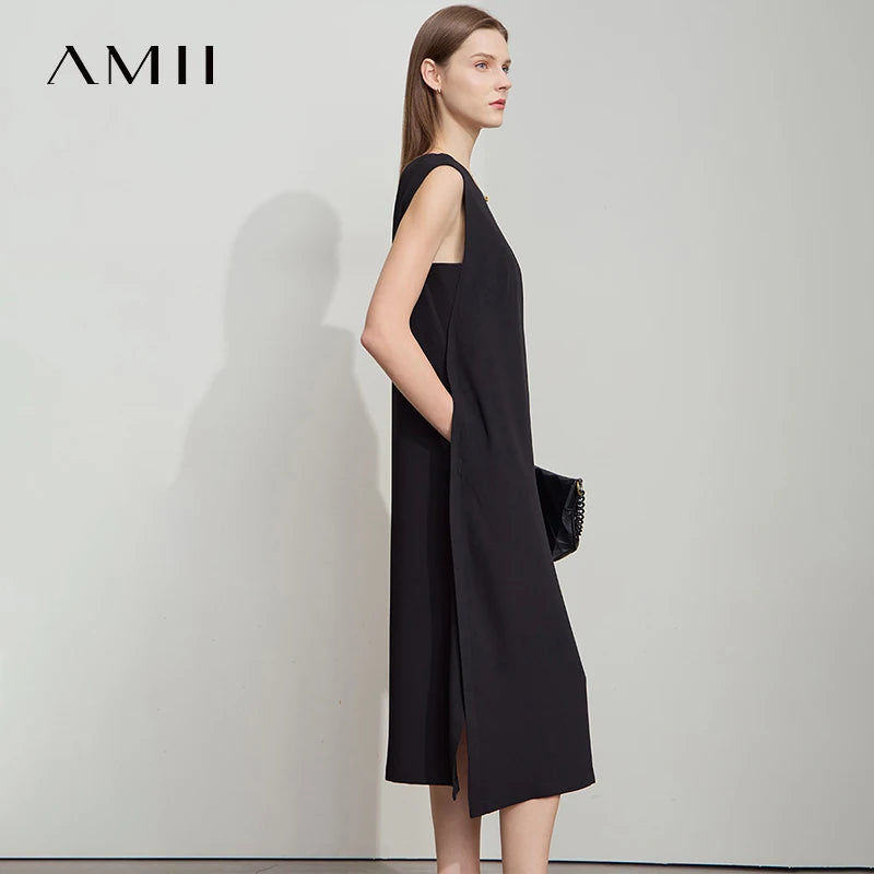 AMII Minimalist Office Lady Dress Women Summer 2025 Sleeveless Solid Round Neck Loose Chiffon Dresses Female Fashion 12522075