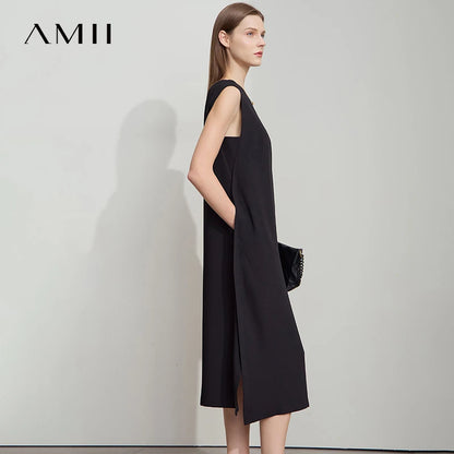 AMII Minimalist Office Lady Dress Women Summer 2025 Sleeveless Solid Round Neck Loose Chiffon Dresses Female Fashion 12522075