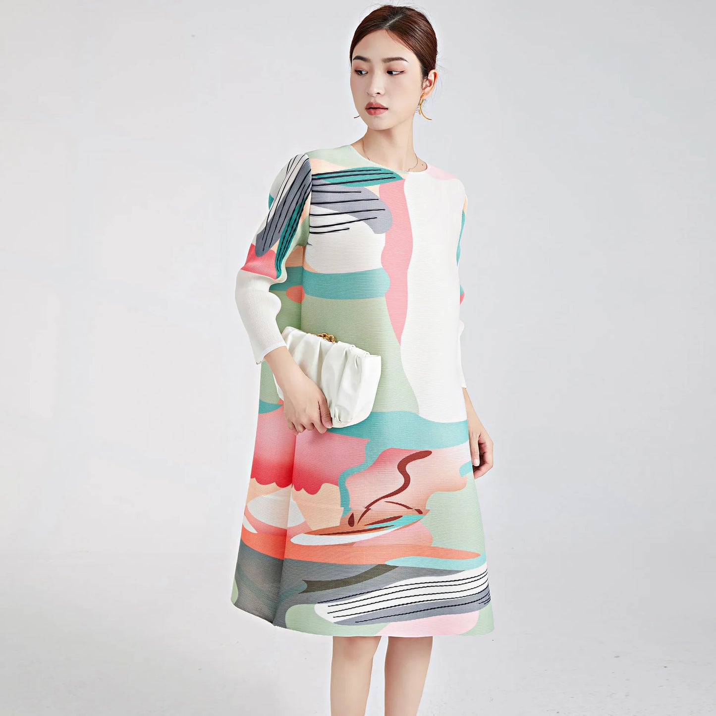 Fashion Pleated Dress Summer Women's Loose Multi Color Printed O-Neck Long Sleeve Mid Length Elegant Three House Dress