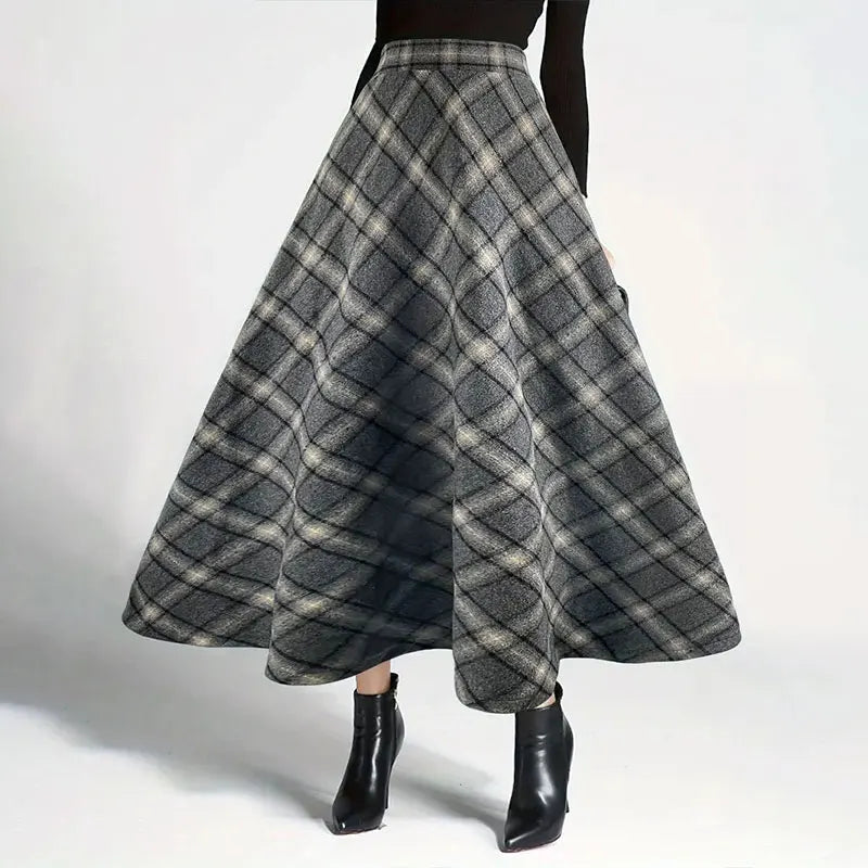 Y.KUKU Winter Warm Plus Size Skirts Women Large Size 3XL Plaid Skirt Thick Elegant Casual Woolen Long Plaid Skirt Female Skirts