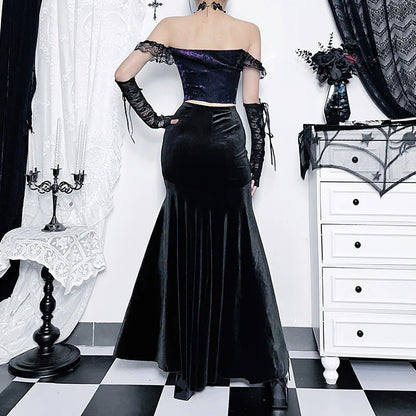 Mall Goth Velvet Fishtail Skirt Women Vintage Jacquard Hip Wrap Fairy Grunge Skirt Victorian Ladies Steampunk Long Skirt