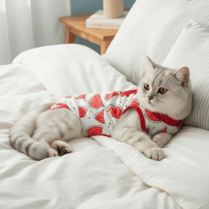 Fruit Printed Cat Recovery Clothing High Elasticity Breathable Pet Anti-Licking Vest Soft Comfortable Pet Weaning Suit