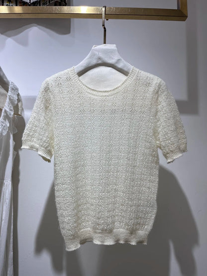 Women Hollow Out Long Sleeve Single Breasted Knitted Cardigan or Round Neck Short Sleeve Pullover