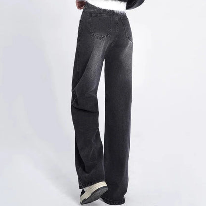 Woman High Waist American Retro Wide Leg Jeans Female Harajuku Loose Straight Leg Pants Girls Designer Black Grey Denim Trousers