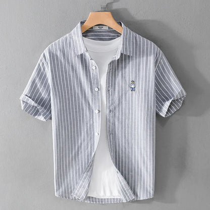 Summer Business Casual Men's Striped Short Sleeve Shirt Fashion Bear Embroidered Loose Trend Male Simple Versatile Tops Shirt