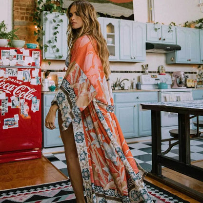 Swimwears Sexy Beach Coverups Long Sleeve Kimonos Cardigans for Women Red Print Swimsuit Cover Up with Belt
