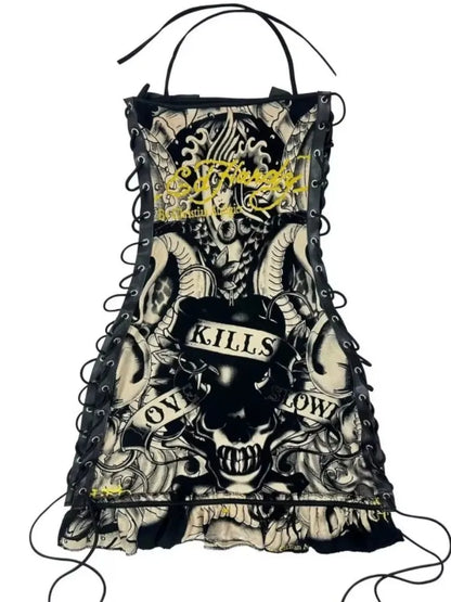 Joskaa 2025 Summer Women's Sexy Print Halter Wrap Chest Backless Side Hollow Bandage Body-Shaping Mini Dress Holiday Beachwear