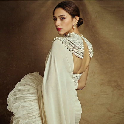 VG68 Pearls Necklace Beaded Neck Chain Bridal Covered Body Chain Women Accessories Off Shoulder Bolero Neck Chain Decoration