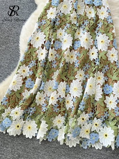SINGREINY Embroidery 3D Floral Dress Women Sleeveless Hook Flower Hollow Backless Dress 2025 Light Luxury Elegant Long Sundress