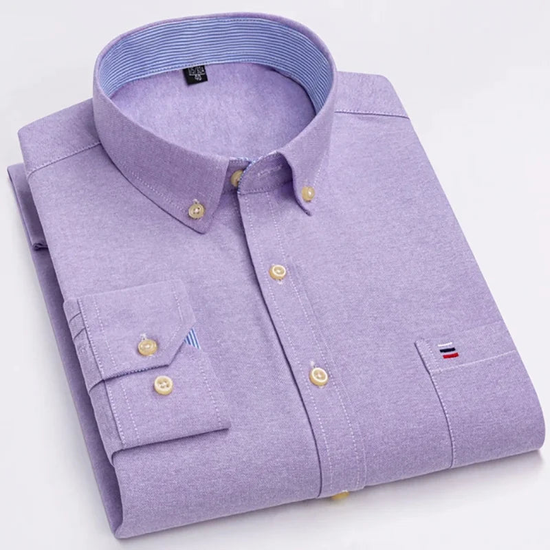 Men's Long Sleeve Oxford Dress Shirt 100% Cotton Plaid Checkered Chest Pocket Button Down Collar Casual Shirts