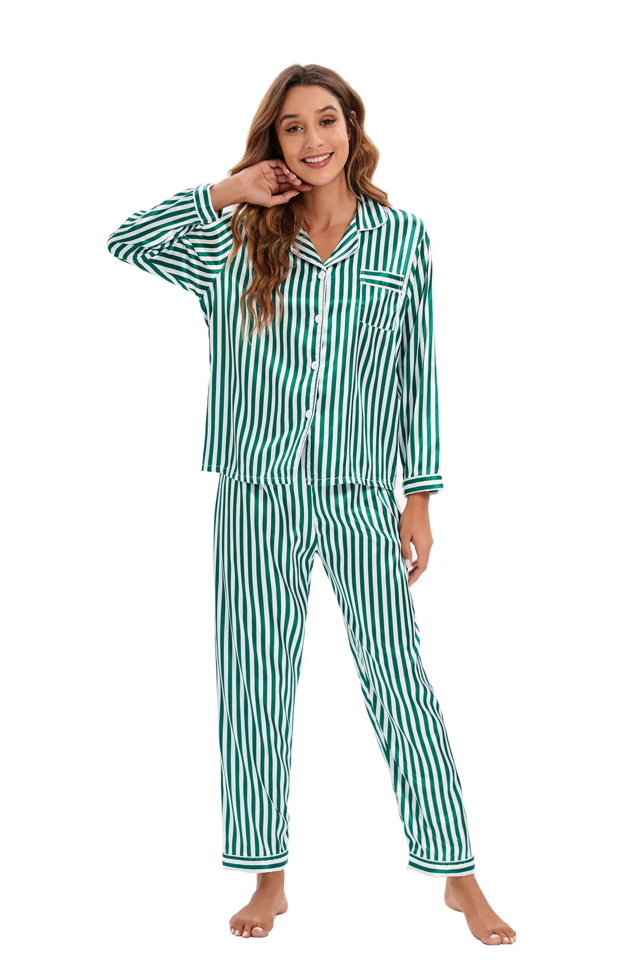Home Lapel Cardigan Long Sleeve Casual Comfortable Breathable Cute Cartoon Green Pink Striped Cactus Summer Women's Sleepwear