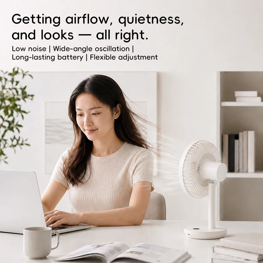KINSCOTER Smart Oscillating Desk Fan 4000mAh USB Angle Adjustable Silent Rechargeable Fan 5 Wind Speeds for Home/Office/Gift
