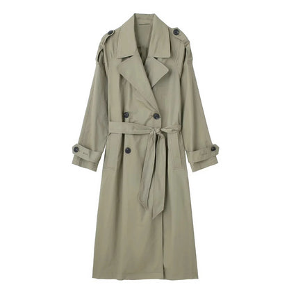 Women Fashion With Belt Solid Double Breasted Trench Vintage Lapel Neck Long Sleeves Female Chic Lady Outfits
