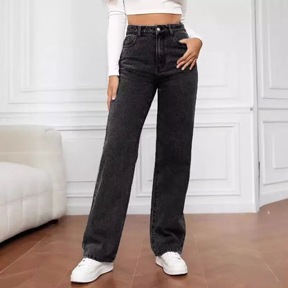 Loose Straight Leg Wide Leg Jeans Casual Sle l Waist Folded Fabric Stand Edition Slight Elastici Pure Color Wome...