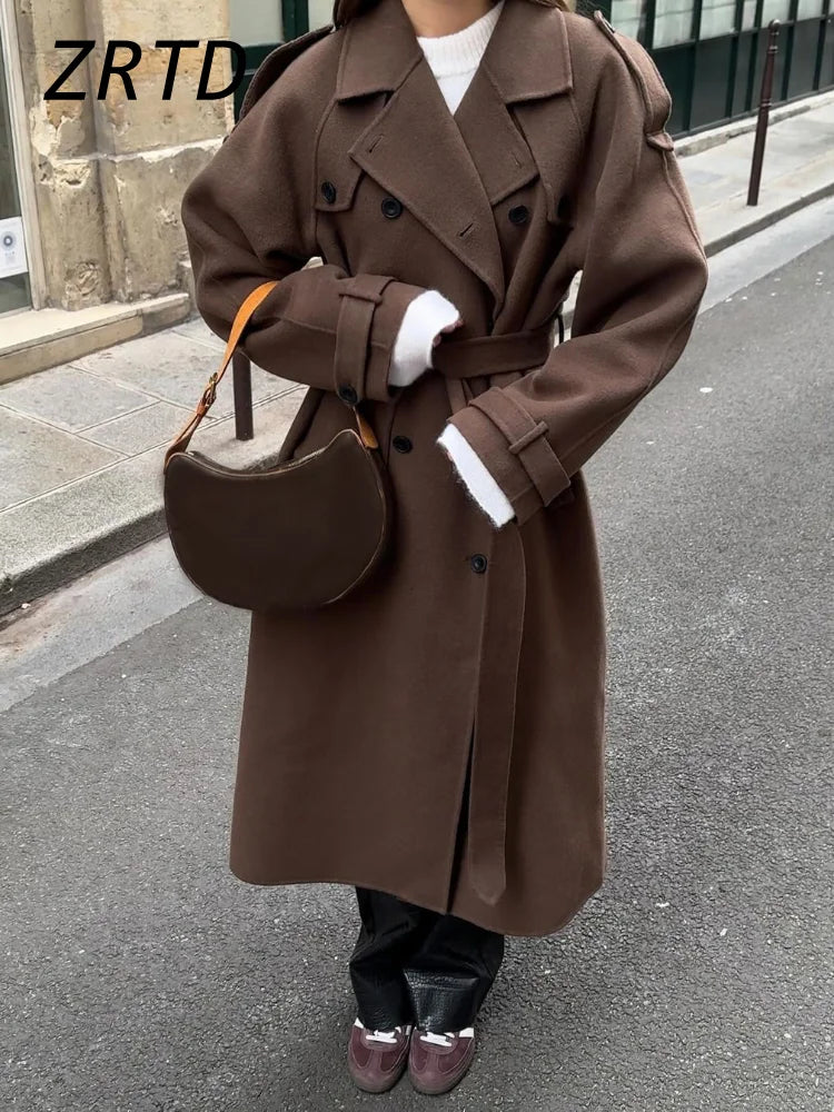 Street Women's Woolen Overcoat With Belt Loose Lapel Double Breasted Full Sleeve Long Coats 2025 Autumn Winter Lady Trench Coat
