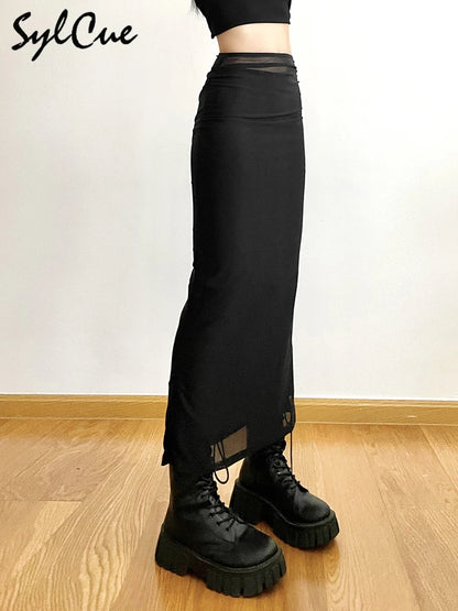 Sylcue Black Simple All-match Casual Commuter Summer Street Travel Cool Youth Vitality Tight Sexy High-elastic Women's Skirt