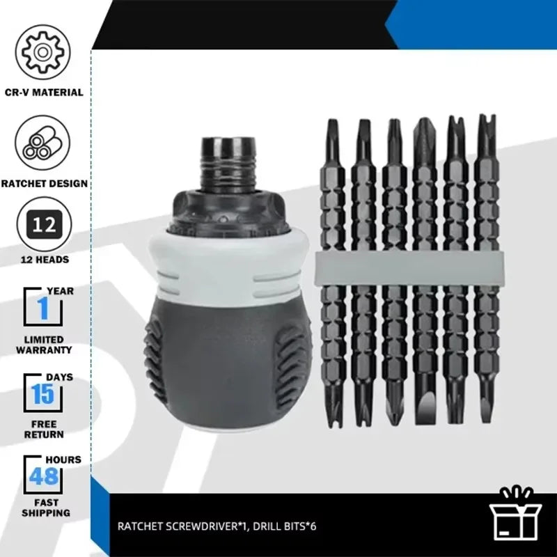 Non Slip Short Handle Ratchet Screwdriver Set 12 Multi Shape Double Head Bits Electronic Toy Repair Maintenance Supply