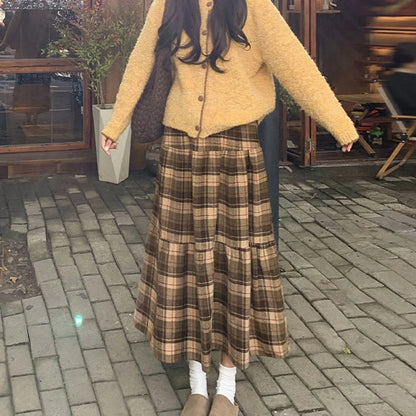 2025 Autumn New Vintage Plaid Skirts Women Woolen Patchwork Pleated A-Line Skirt Korean Fashion Streetwear Long Skirts Woman