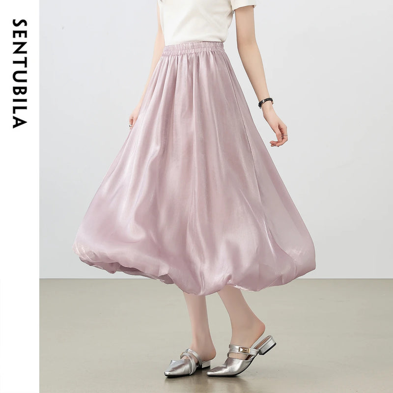 SENTUBILA Women's Pearlescent Skirts 2025 Party Evening Elegant Folds Elastic Waist A-line Tulip Skirt Female Clothing W52QG0018