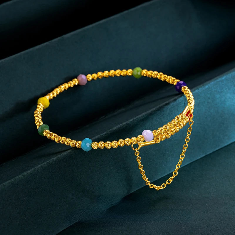 Genuine Gold Color Lucky Bead Bangle with Colorful Bead for Women Fine Jewelry Bracelet Bangle Fine Jewelry Gifts