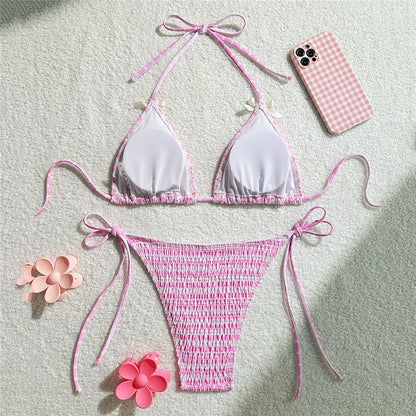 Pink Plaid Print String Micro Bikini Thong 2025 Sexy Swimsuit Women Halter Wrinkle Swimwear Bow Triangle Bikinis Sets Beach Wear