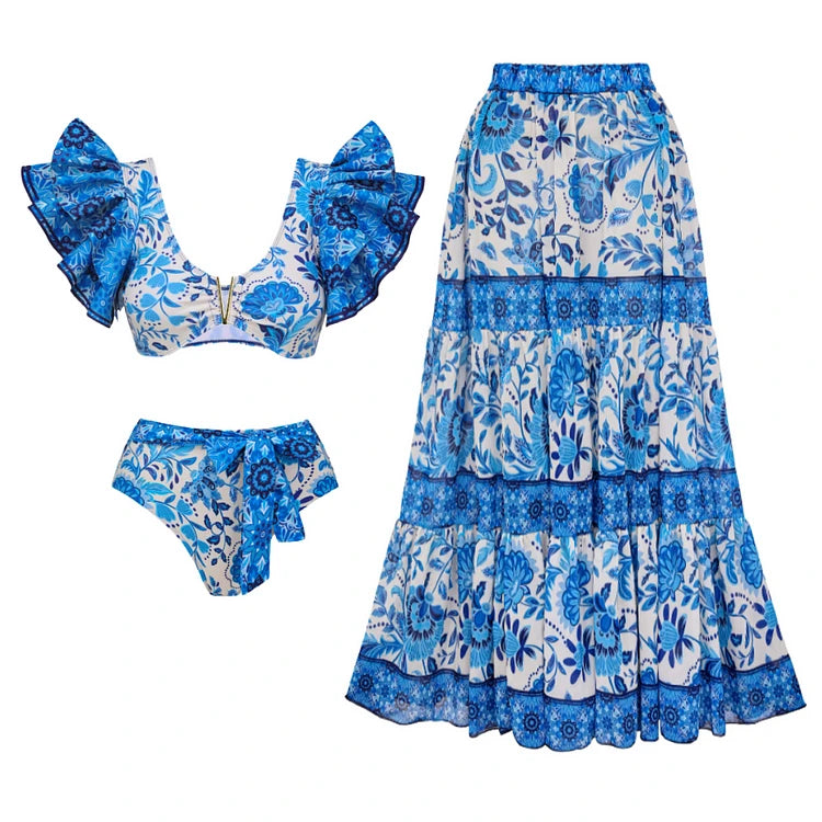 2023 New Arrival Push Up Women Bikini Set Floral Printed Ruffle Bikinis Strappy Bandage Swimwear Brazilian Biquini Bathing Suit