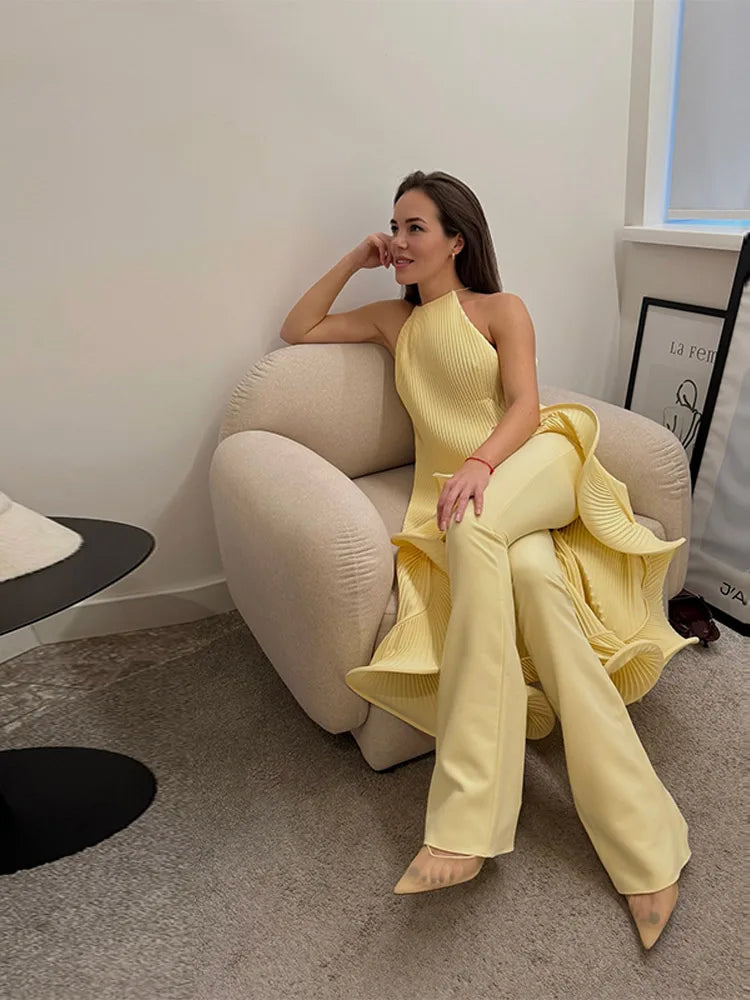 Fashion Ruffle Hem Short Dress For Women Halter Sleeveless Irregular Lace Up Slip Robe 2025 Summer Elegant Female Beach Dresses