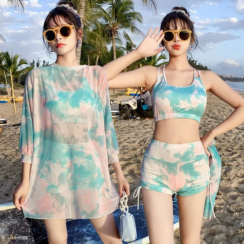 Swimsuit Women Split 3 Piece Set Korean Cartoon Print Cover Up Sport Boxer Shorts Tank Top Mesh Jersey Sun-proof Beach Swimwear