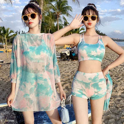 Swimsuit Women Split 3 Piece Set Korean Cartoon Print Cover Up Sport Boxer Shorts Tank Top Mesh Jersey Sun-proof Beach Swimwear