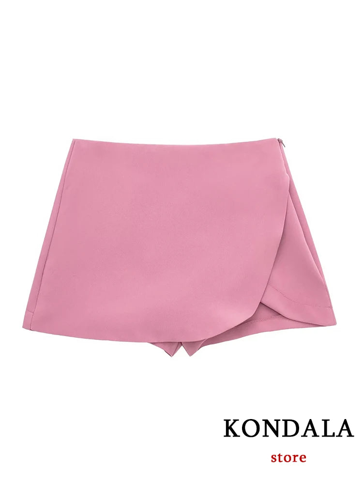 KONDALA Women Fashion 2025 Casual Mini Asymmetrical Skirts Shorts High Waist Back Pockets Wide Leg Skirts Zipper Female Shorts