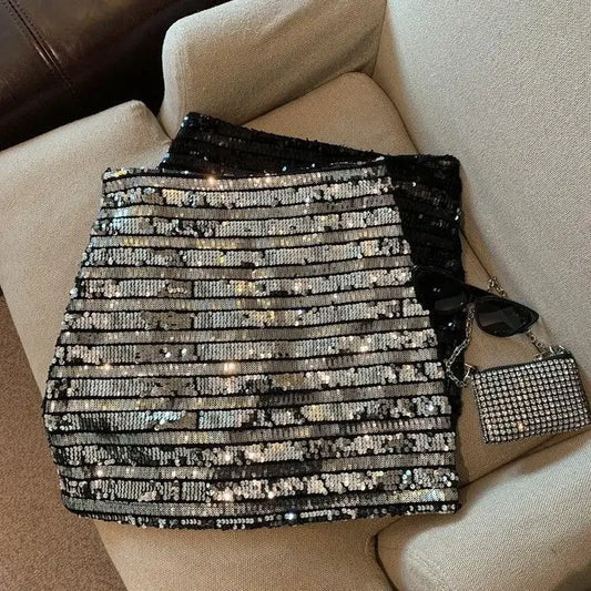 French silver-gray sequined skirt female spring and autumn new temperament hip skirt spice girl anti-exposure A-line skirt