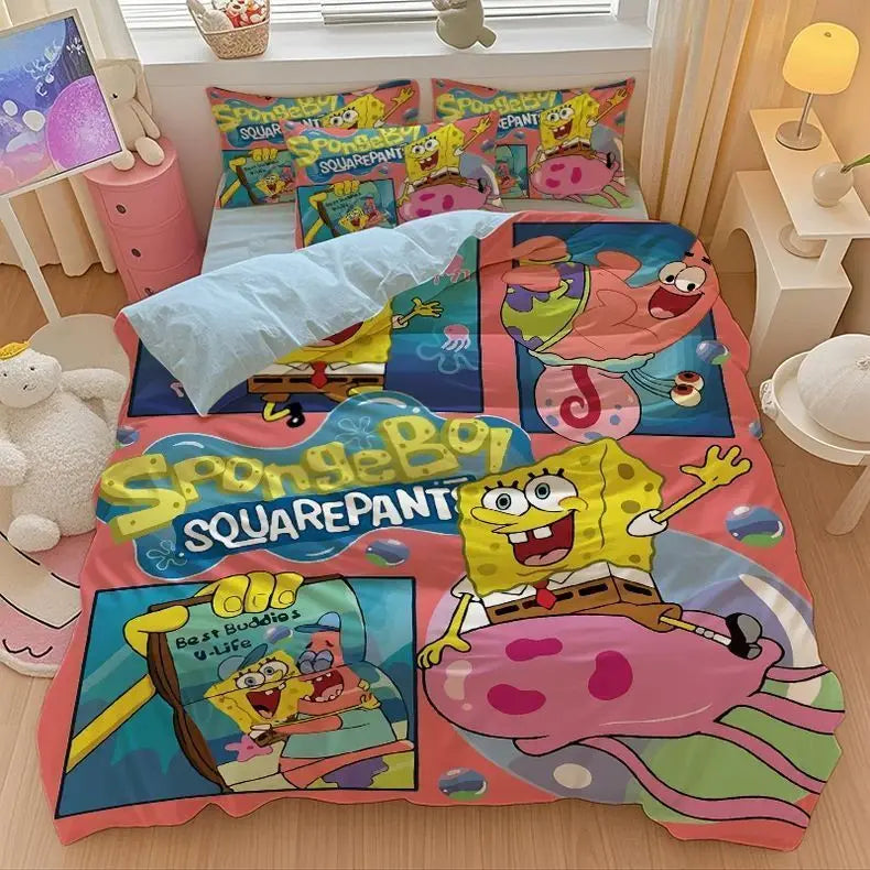 New Anime SpongeBobs Bedding Set Duvet Cover Bed Set Quilt Cover Pillowcase Comforter king Queen Size Boys Adult Bedding Set