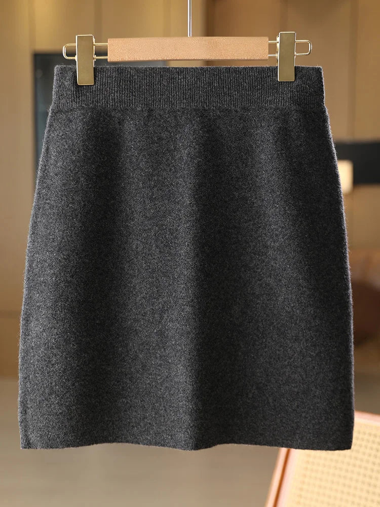 Women Wool Skirts Autumn Winter Office Lady Mini Slim Fit Skirt Elastic Waist 100% Merino Wool Knitted Cashmere Above Knee Dress