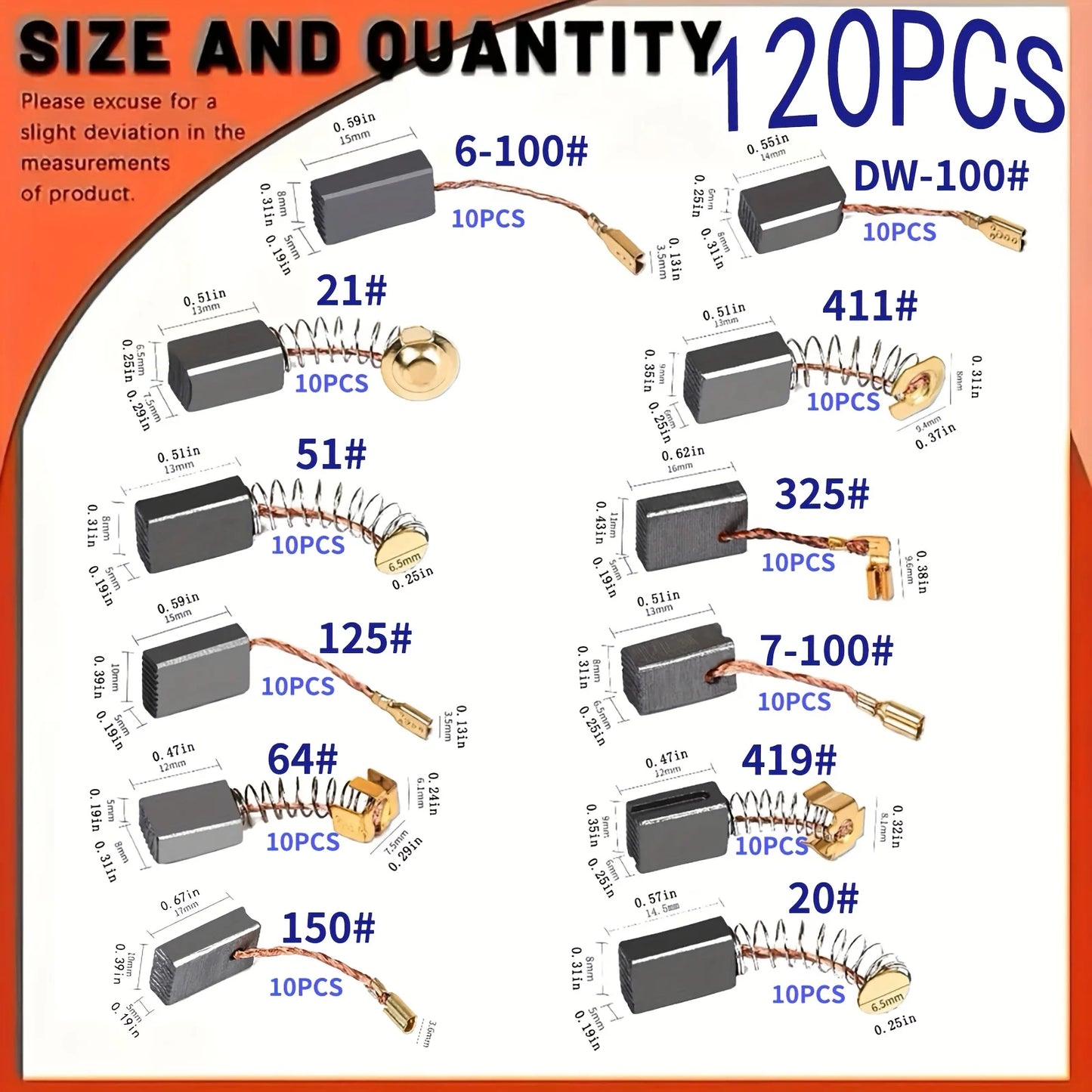 120-Piece Carbon Brush Combination Set, Carbon Brushes for Home Renovation Power Tools in 12 Sizes to Choose From, Suitable for Angle Grinders, Impact Drills, Electric Drills, Electric Hammers, and Circular Saws for Repair an