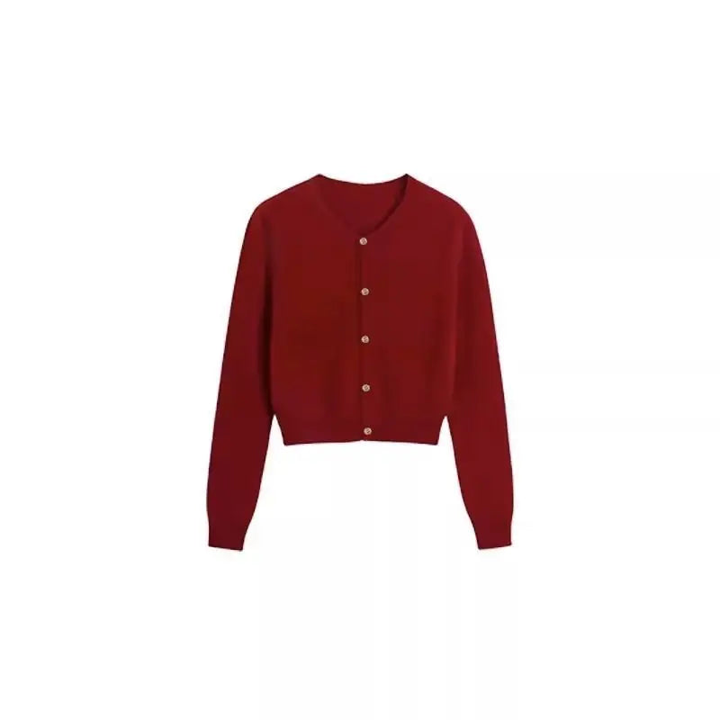 Red Cardigan Knit Early Autumn Women Clothes New 2025 Outdoor Crop Sweater Outerwear Long Sleeve Top Bottoming Shirt