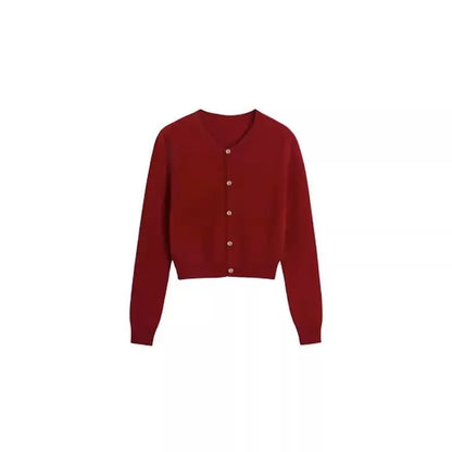Red Cardigan Knit Early Autumn Women Clothes New 2025 Outdoor Crop Sweater Outerwear Long Sleeve Top Bottoming Shirt