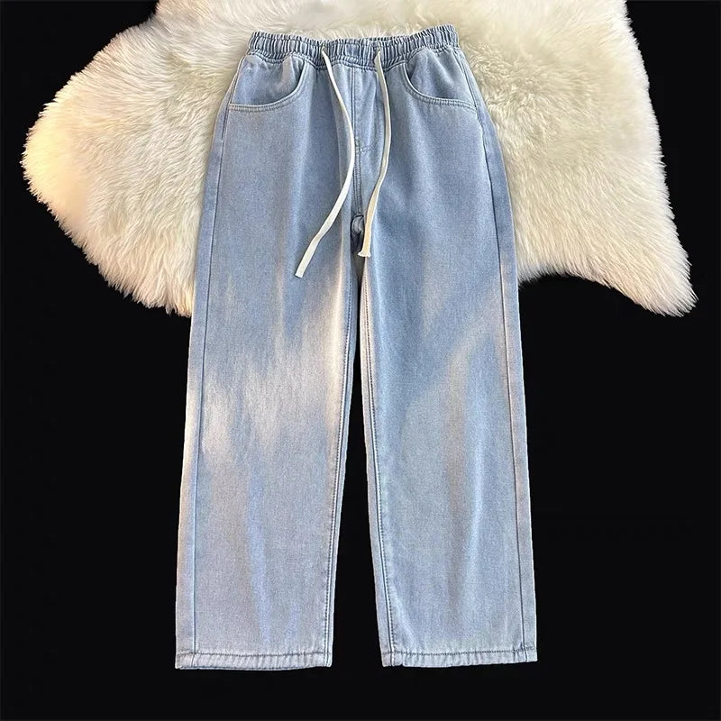 High Waist Straight Leg Dstring Elastic Waist Denim Jeans Women's Spring Autumn Slimming Drapey Lazy Sle Floor Length Pants
